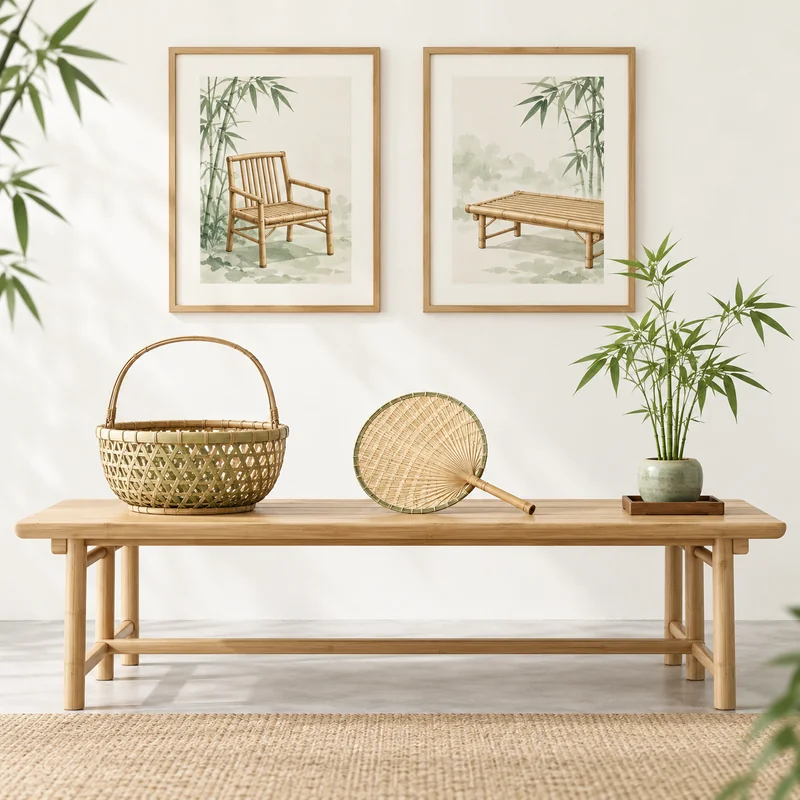 竹编篮、竹团扇与竹家具图片的展示桌