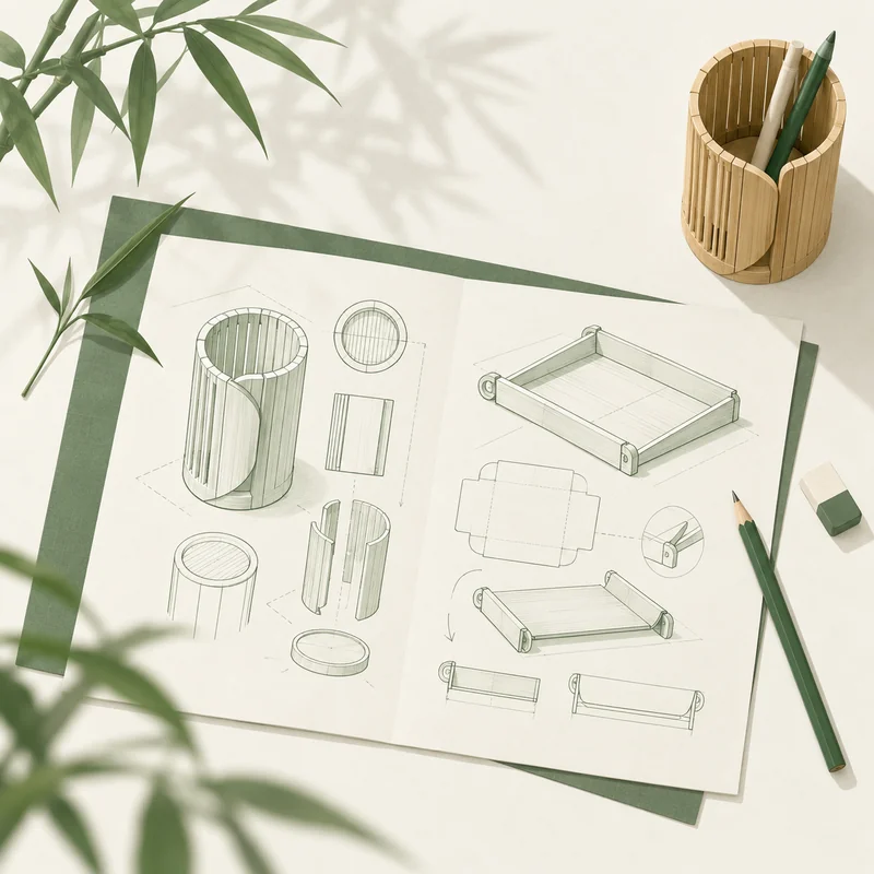 竹制笔筒的设计草图与实物样品