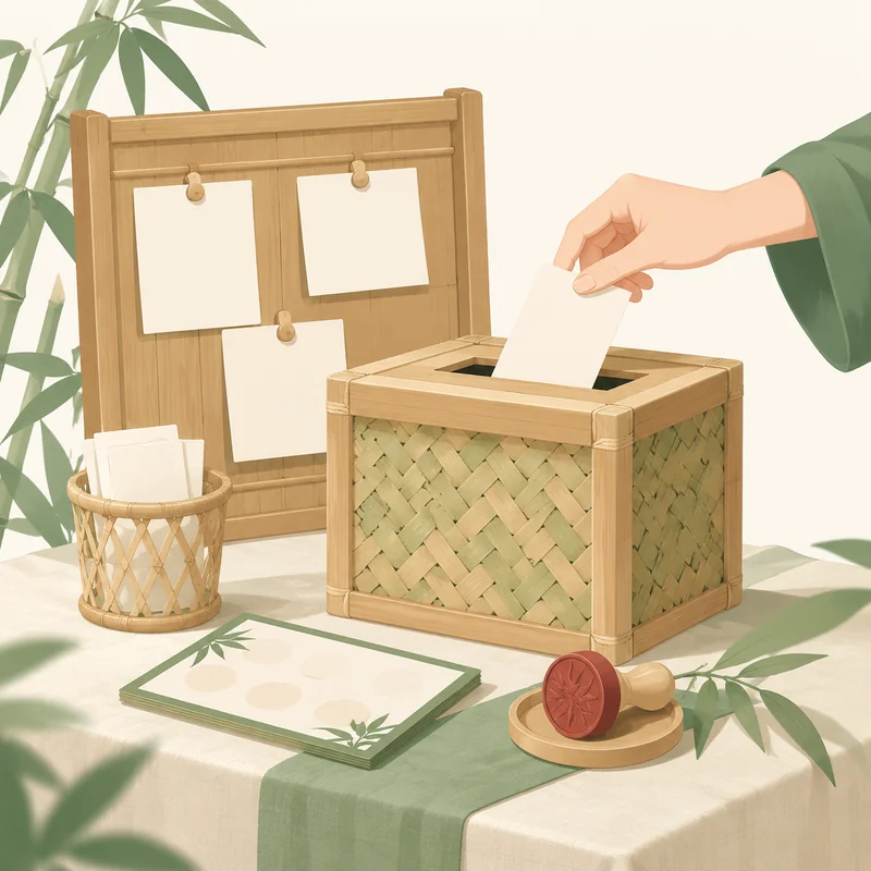 一只手正把卡片投进竹编投票箱